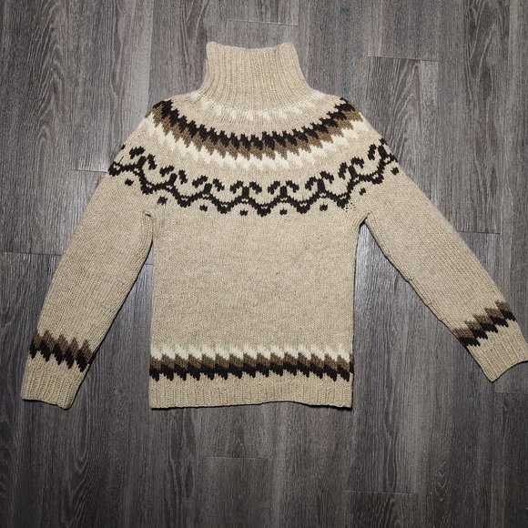 Vintage 90s neutral brown & cream turtleneck isle print chunky knit sweater - Picture 8 of 11